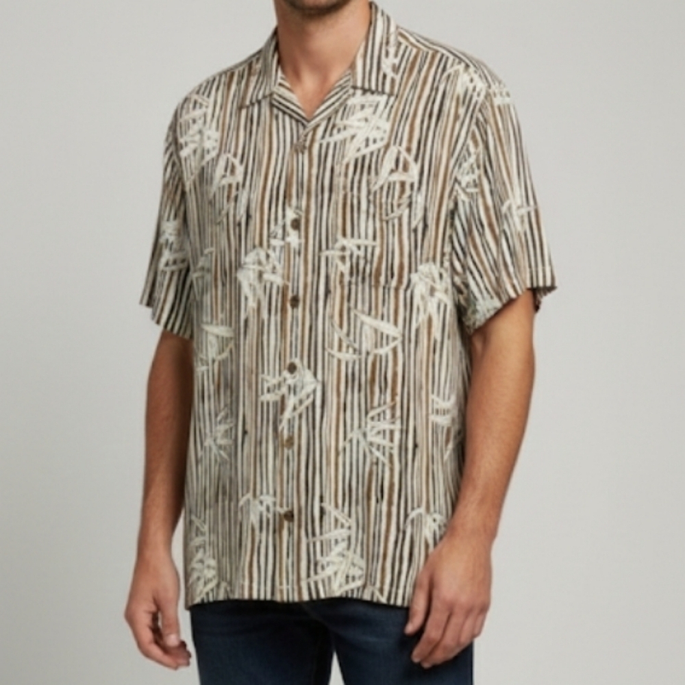 Caribbean silk blend Brown and White Men's Shirt tropical bamboo size XL